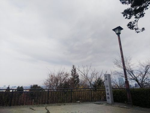 曇天の仙台城と雪毛虫