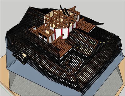 安土城の CG モデル：四階＋三階の屋根作成中