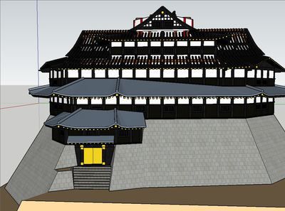 安土城の CG モデル：四階の屋根完成（垂木のみ）
